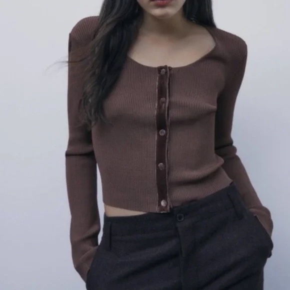 Zara Ribbed  Crop Cardigan Velvet Lined Buttons Knit Brown Women's‎ Size Medium - Picture 5 of 13